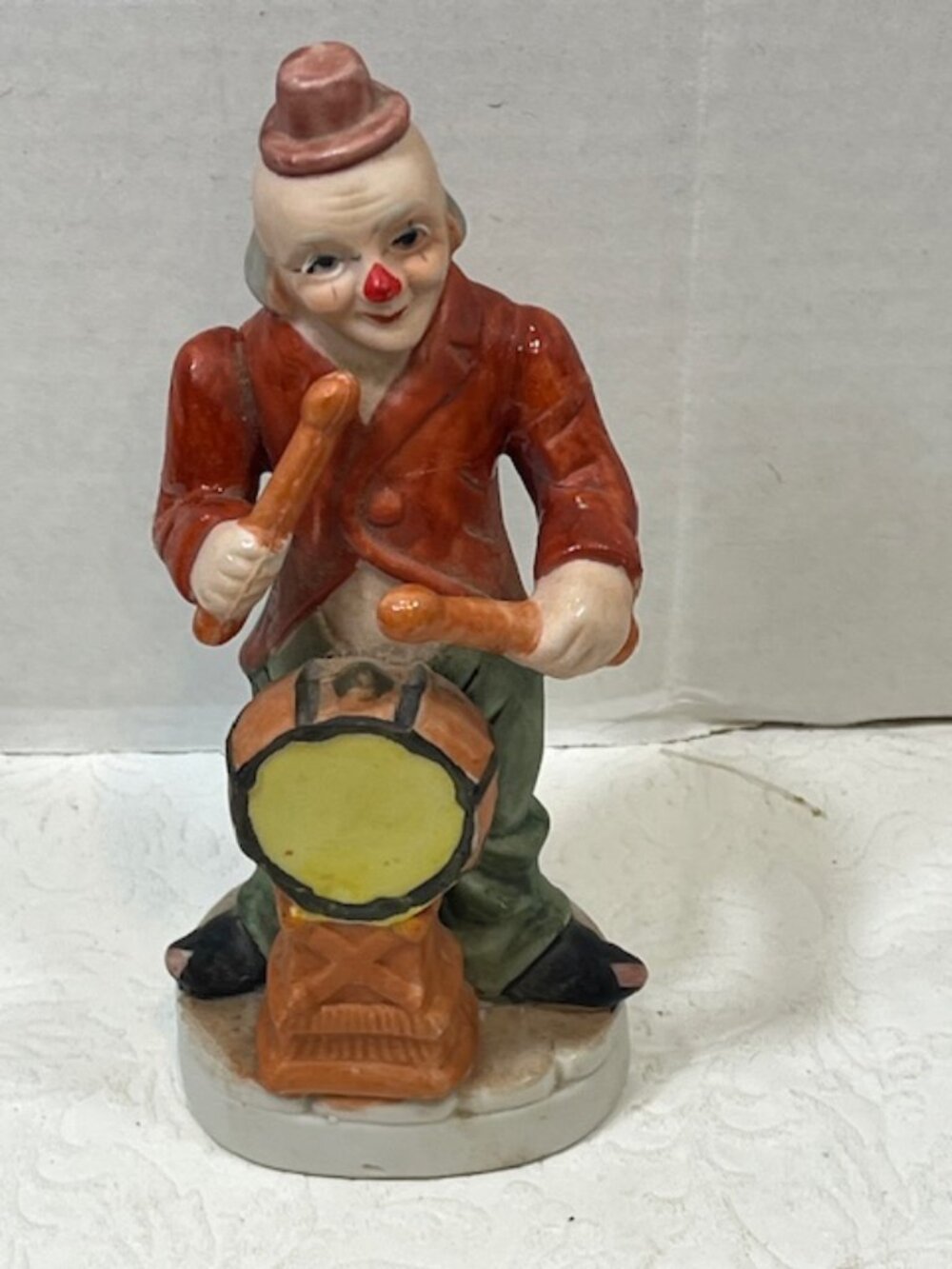 VTG 80's Hand Painted Ceramic Circus Drummer Clown Ceramic (Arms Reglued) 6"Tall
